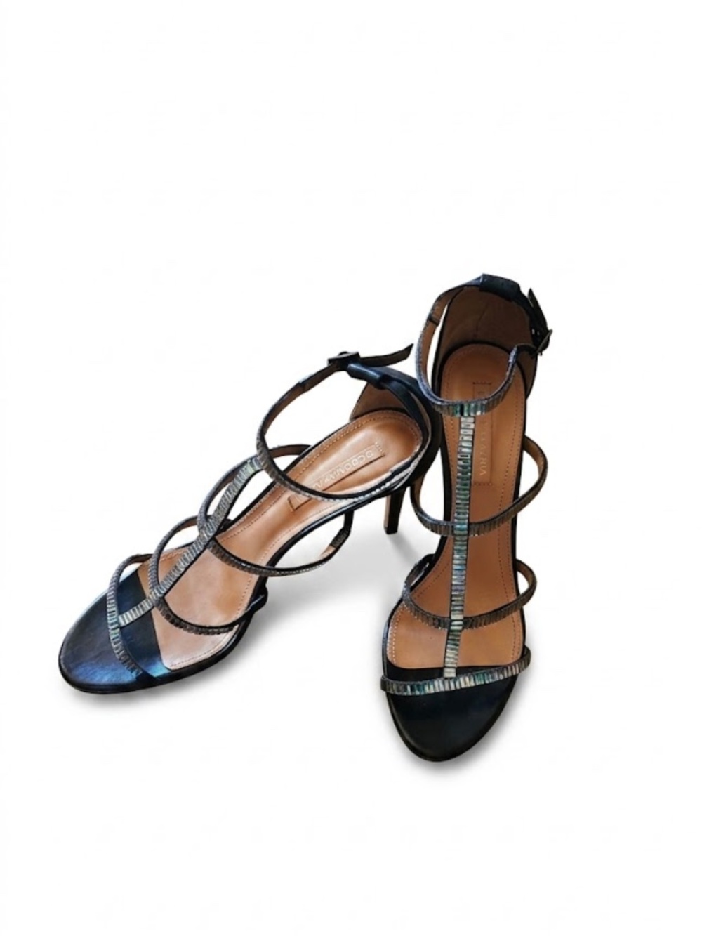 Black/silver women size 10/40  ankle strappy sandals stiletto heels